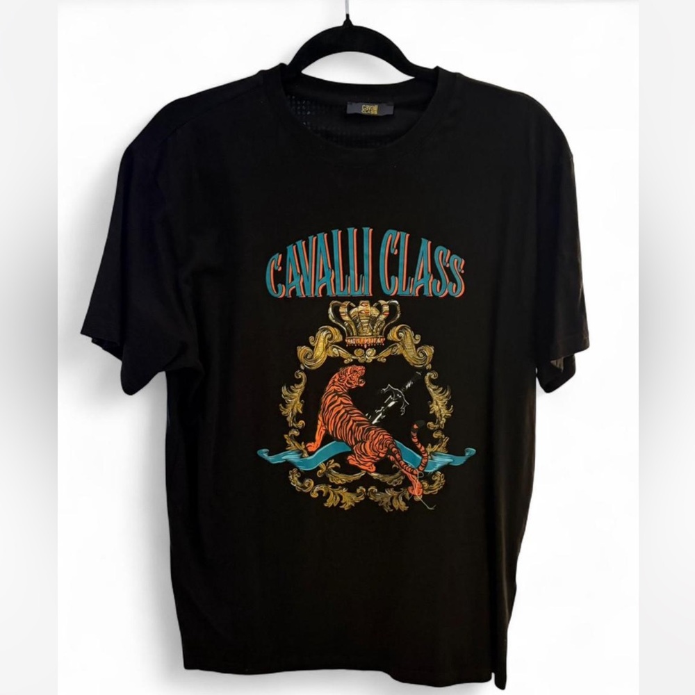 Cavalli Class Black Tee with Tiger Emblem
